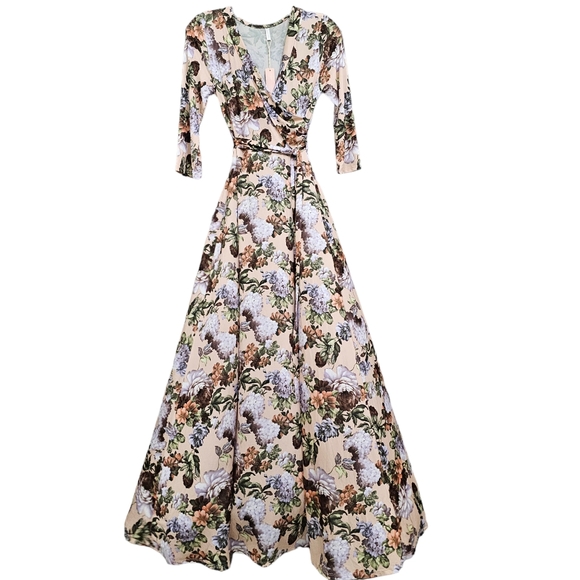 Nwt Pink Blush Blush Pink w/Peach,Lav/White Floral 3/4 Sleeve Jersey Maxidress - Picture 1 of 16